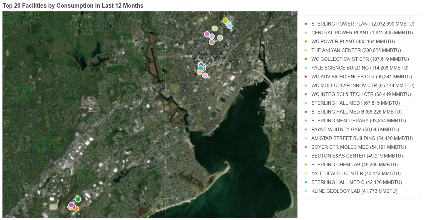 Map of the top 20 energy consuming buildings on Yale's campus